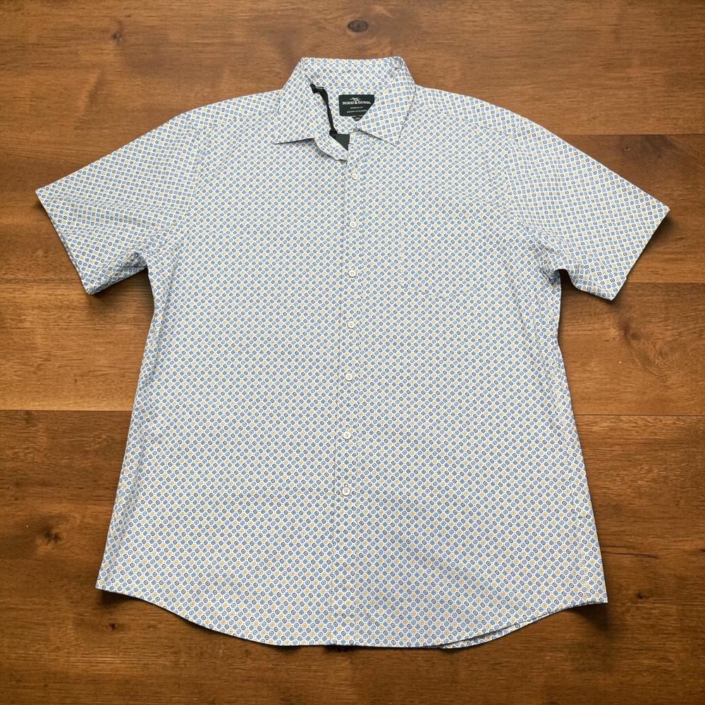 NEW Rodd & Gunn Mens 2XL Sports Fit Short Sleeve Geometric Summer Shirt Blue